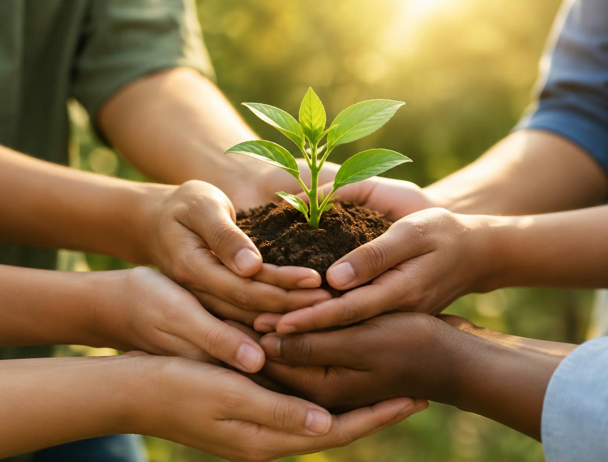 Several hands together holding a young green seedling