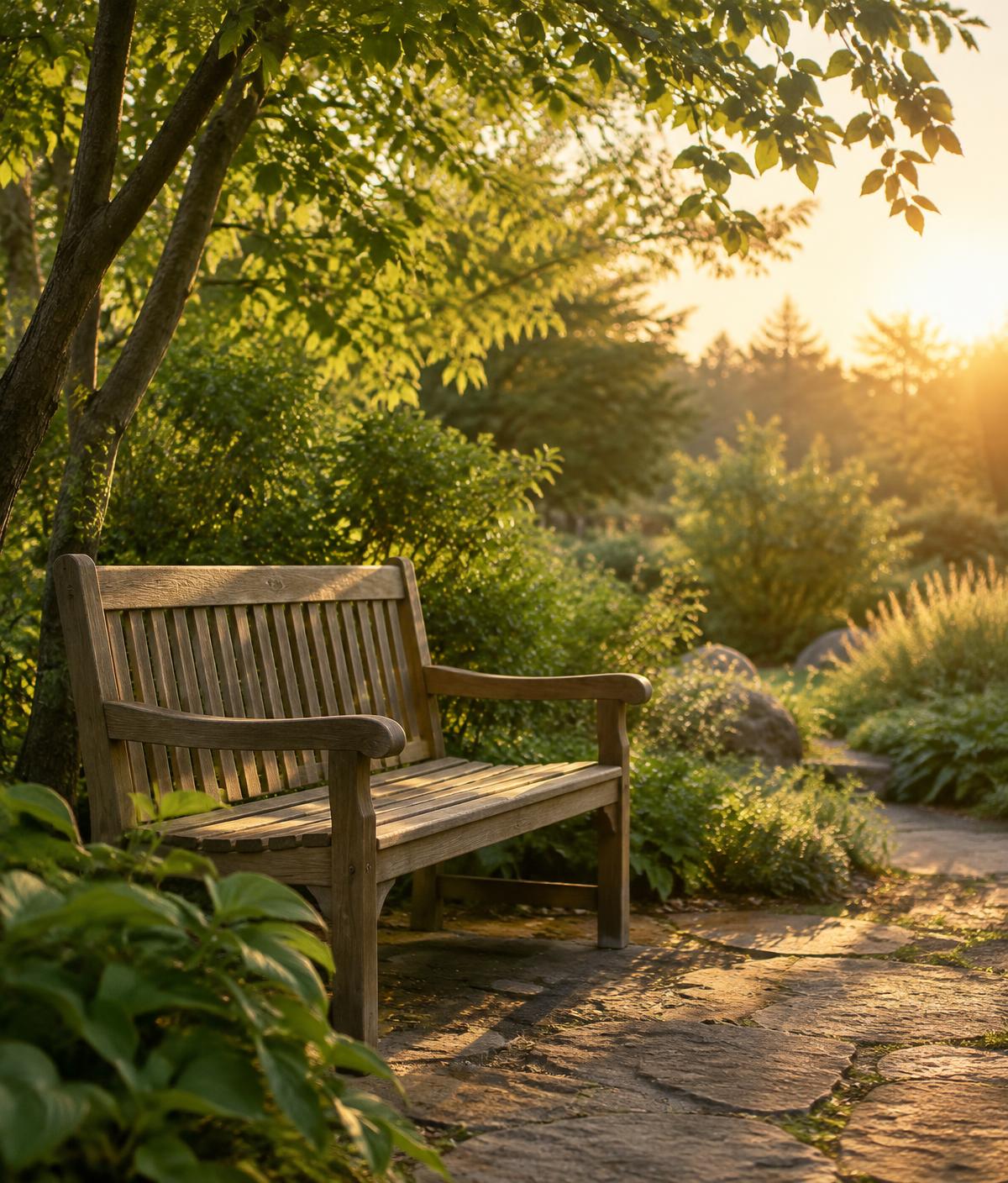 A wooden bench in a quiet garden at golden hour